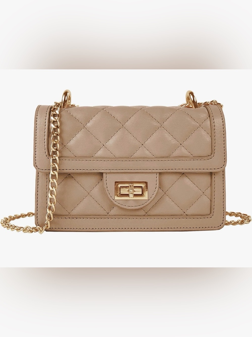 Quilted Beige Leather Crossbody Bag with Gold Chain